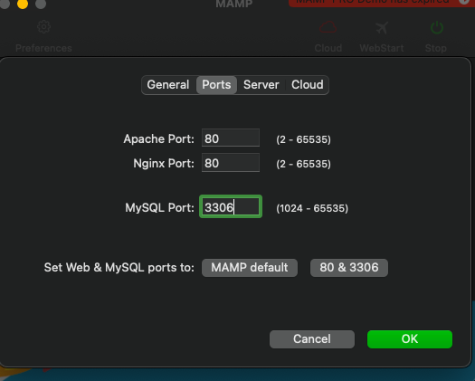 Apache Portを80、Nginx Portを80、MySQL Portを3306に設定
